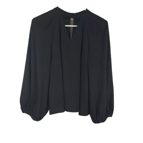 Leith Black Balloon Sleeve Choker Long Sleeve Blouse V-neck Popover Puffy Girly - Picture 2 of 11